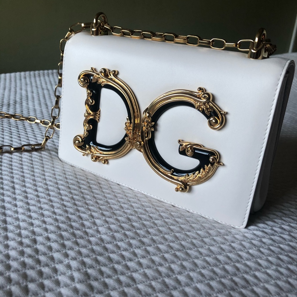 Dolce & Gabbana White Leather Shoulder Bag with Gold & Black DG Emblem